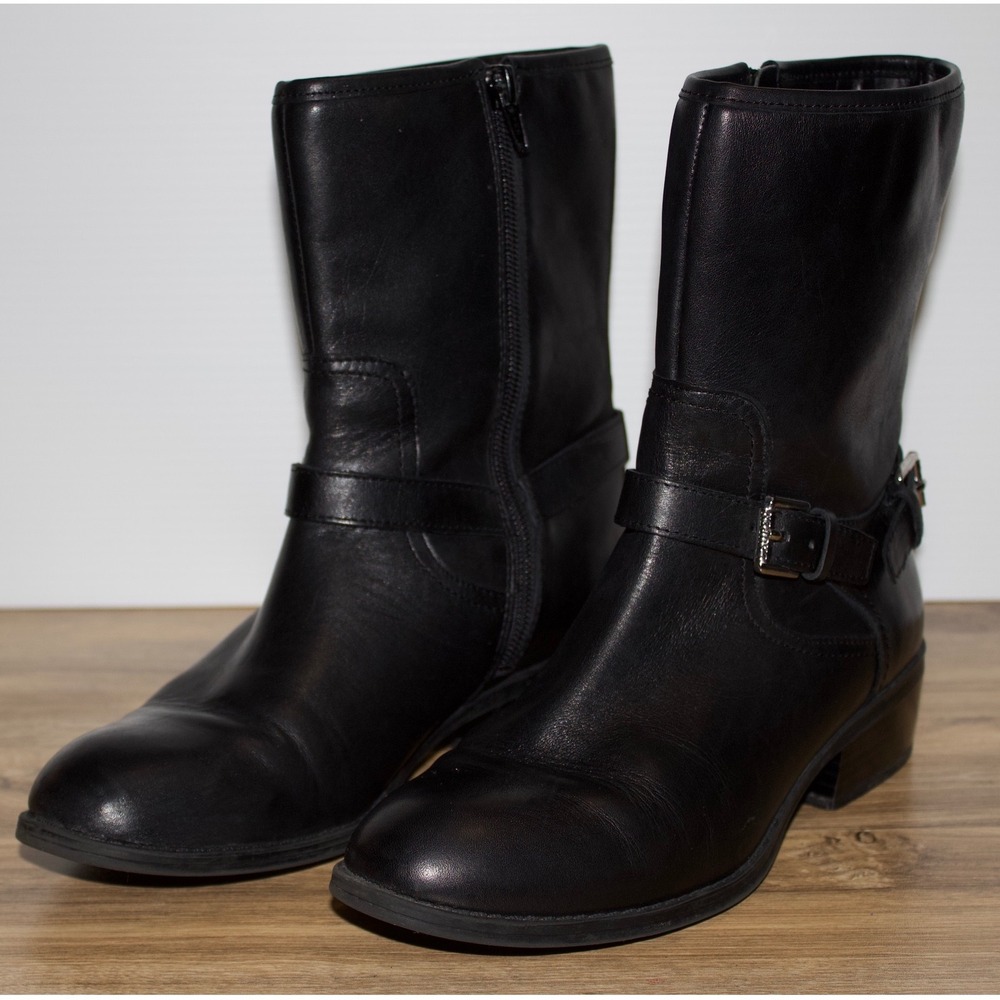 Lauren Ralph Lauren Mesi Boots Women 7B Black Leather Buckle Moto Mid-Calf Zip